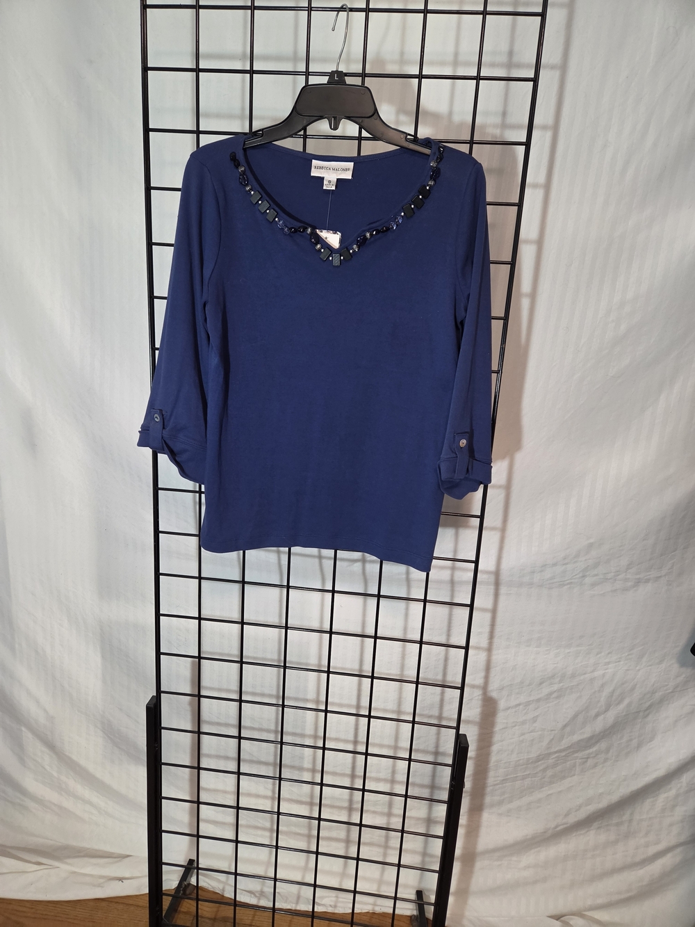 Rebecca Malone Navy Beaded V-Neck Long Sleeve Top